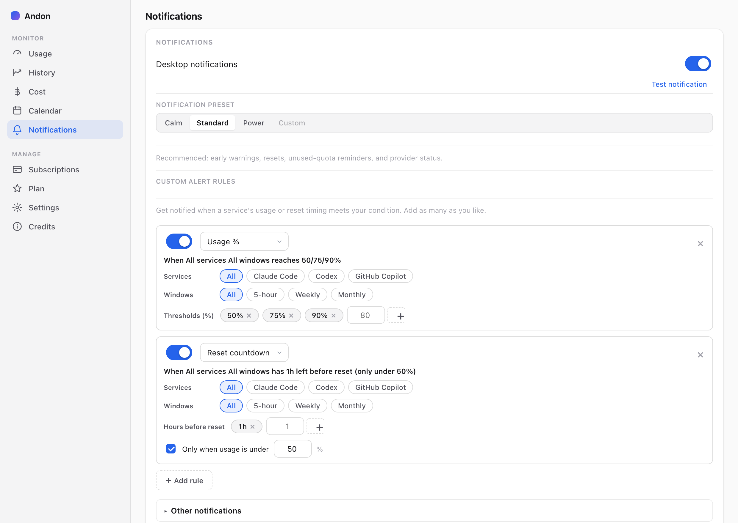 Andon; AI Limit Watcher — Notifications