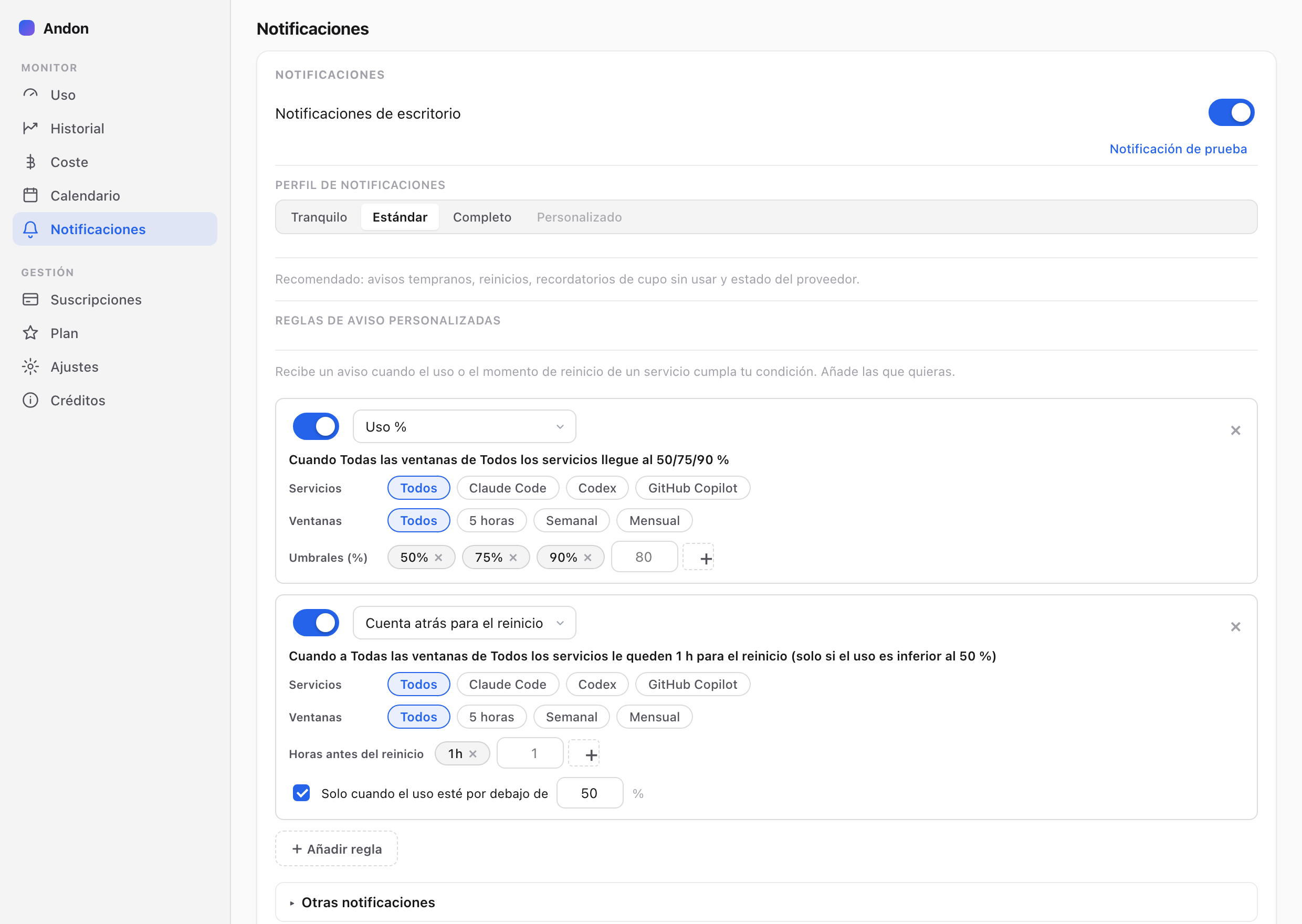 Andon; AI Limit Watcher — Notificaciones