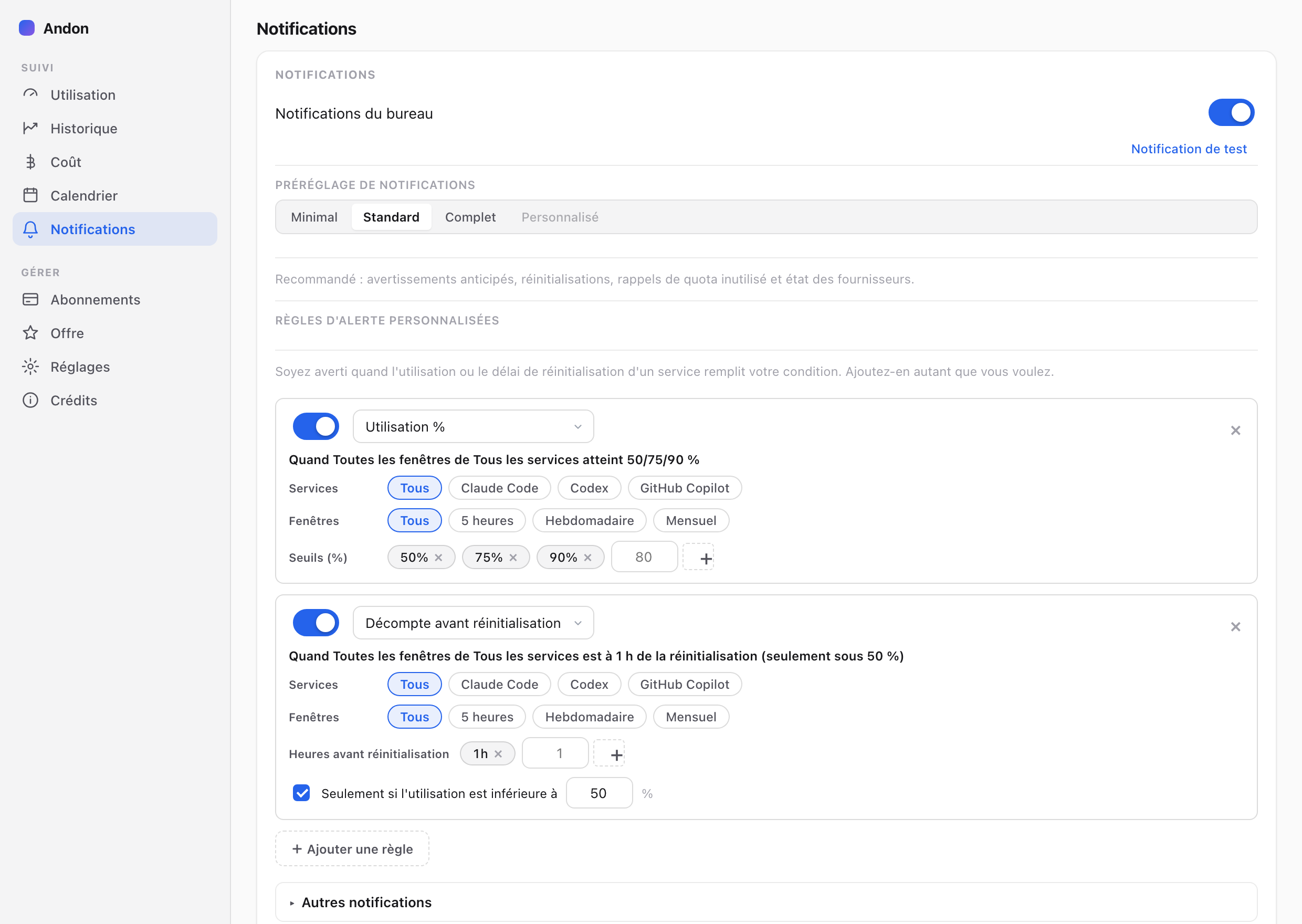Andon; AI Limit Watcher — Notifications