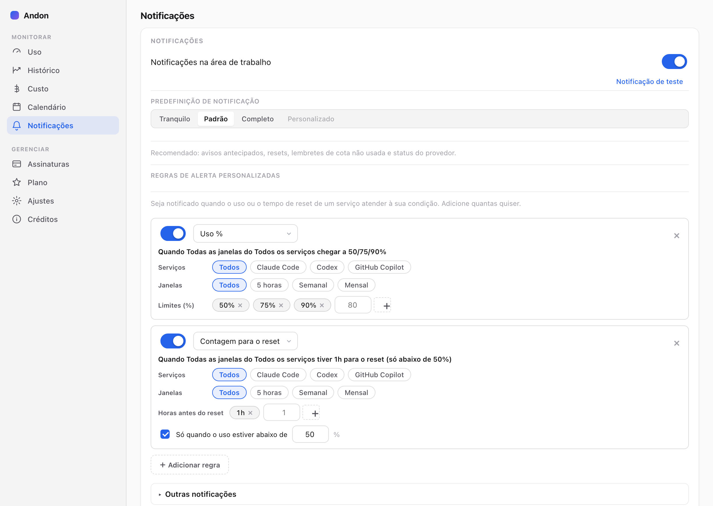 Andon; AI Limit Watcher — Notificações